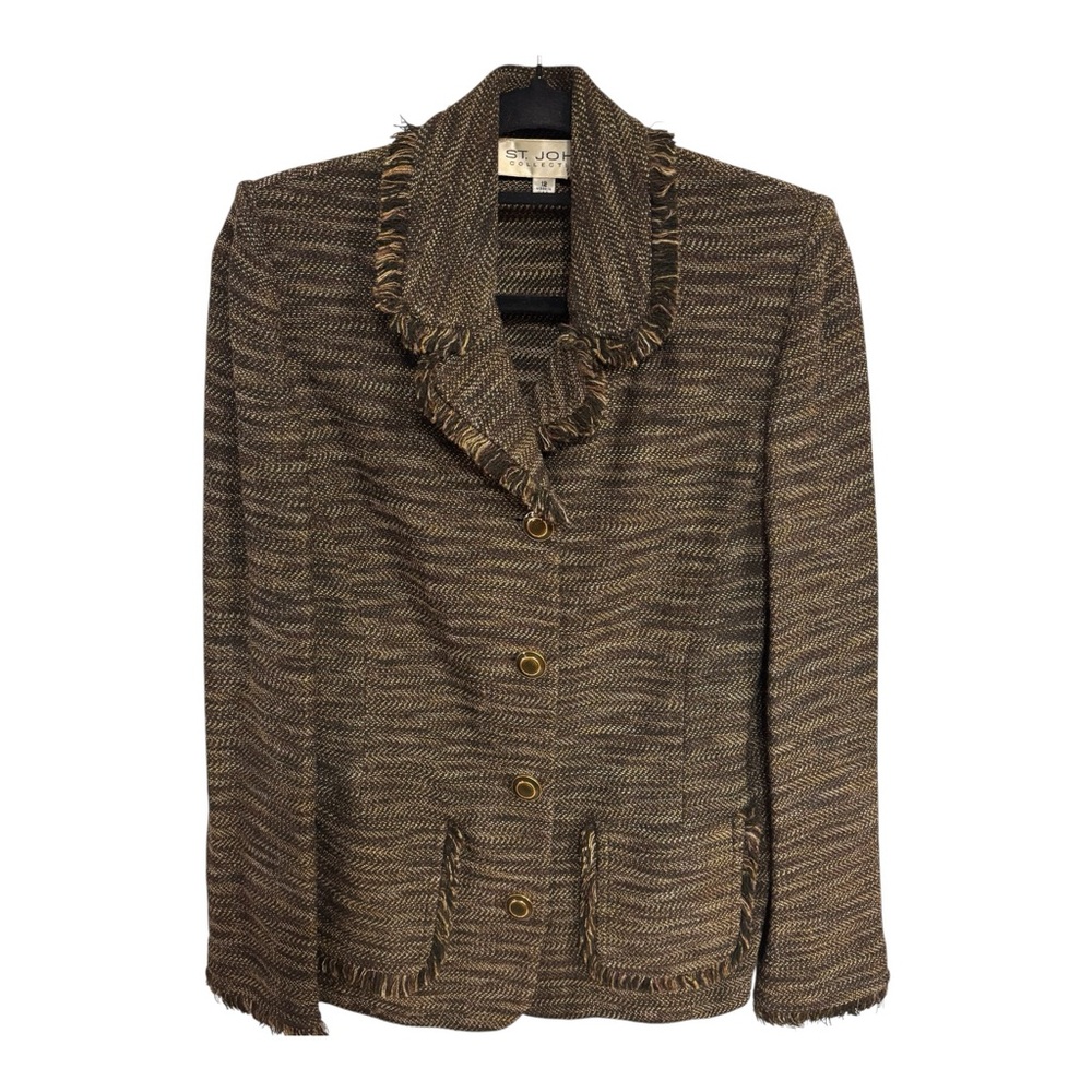 St John Collection Women's Brown Tweed Jacket w Fringe Accents Sz 12 EUC